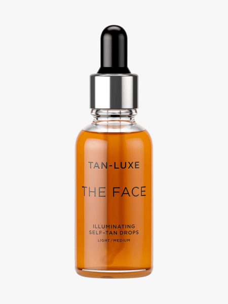 Tan-Luxe The Face Illuminating Self-Tan Drops in branded component on a light gray background